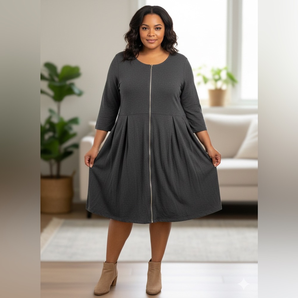 SIZE 1X New Women With Control Zip Front Everyday Ease Dress In Charcoal Gray
